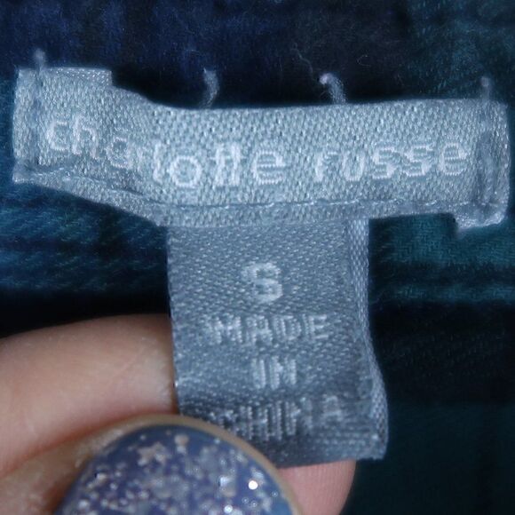 CHARLOTTE RUSSE BLUE & GREEN COTTON PLAID BUTTON DOWN LONG SLEEVE SHIRT SIZE S - Picture 2 of 9